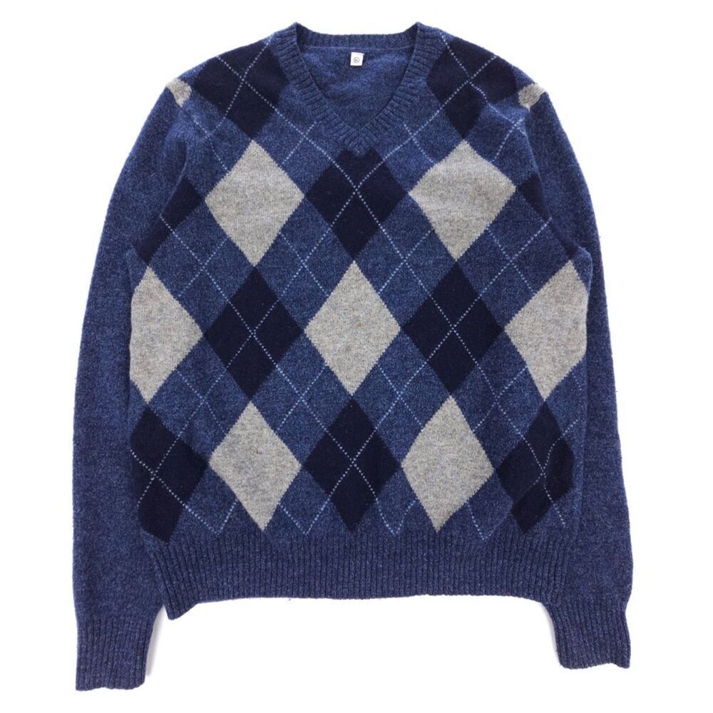 UNIQLO Wool V-Neck Sweater Navy Argyle lassic Preppy Old Money Quiet Luxury XL